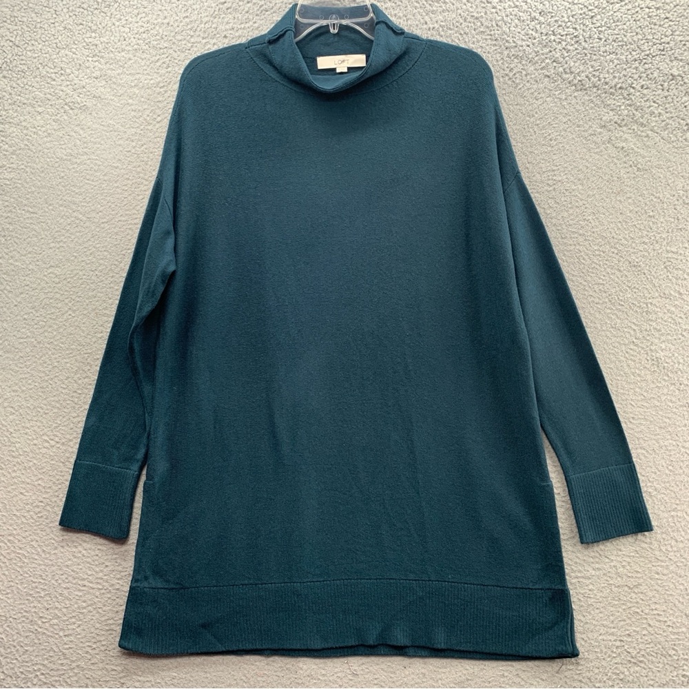 Ann Taylor LOFT Sweater Tunic Blue Green Long Sleeve Pullover Mock Neck Size M